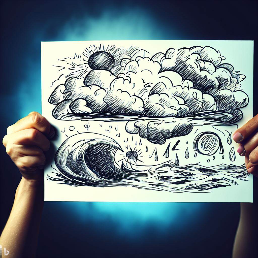 Hands holding up a poster with the sun, clouds and a storm at sea