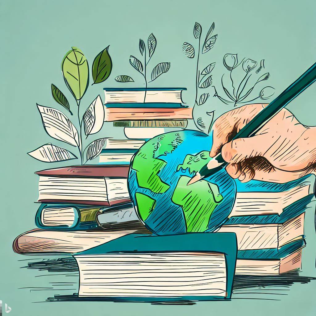 Books with earth ball and green continents
