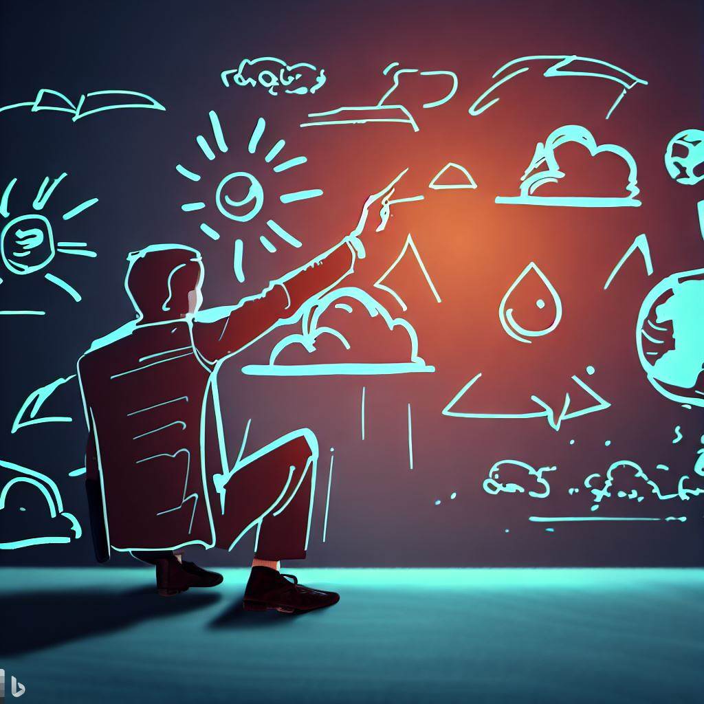 Drawing of man pointing into the sky at clouds and sunshine